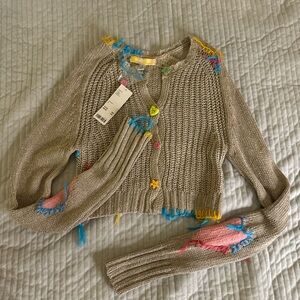 Urban Outfitters brown and tan knit cardigan with cool button colorful stitching